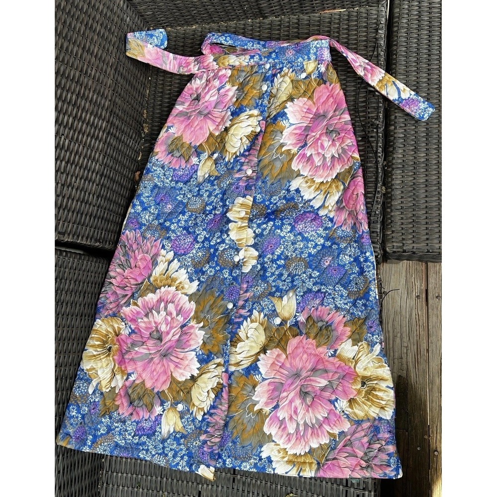 Vintage 60s 70s Skirt Womens Medium Floral Boho Hippie Quilted Maxi Hostess Mod